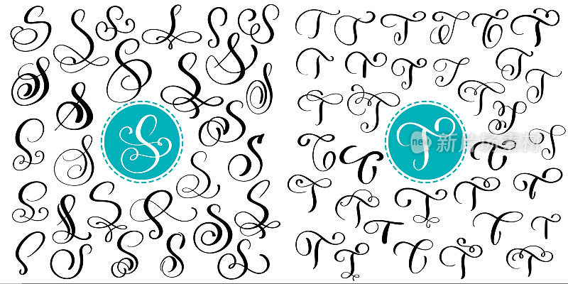 Set letter S, t Hand drawn vector flourish calligraphy。脚本的字体。用墨水写的孤立的信件。手写的画笔风格。包装设计海报的手写字体